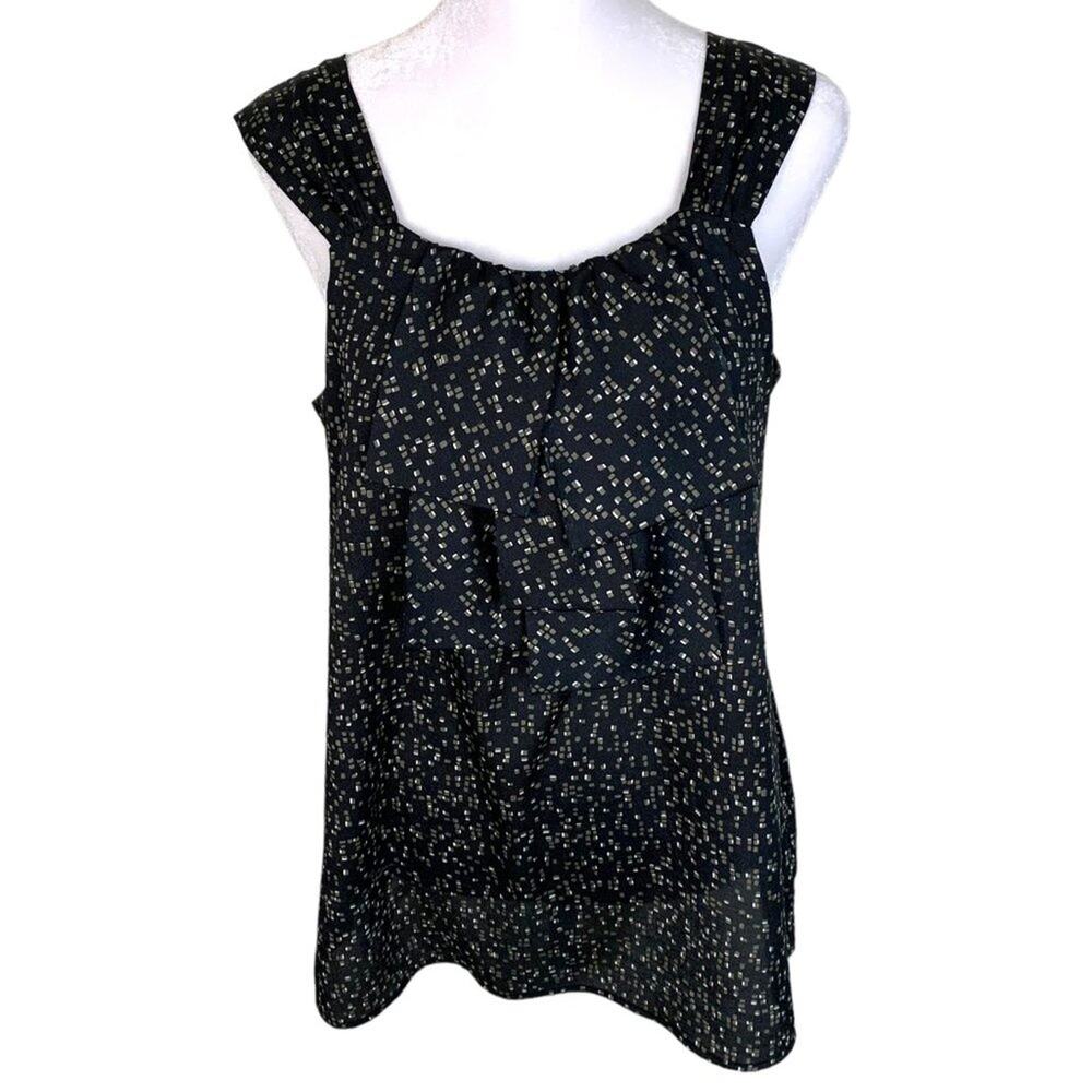 Mossimo Women's Size 8 Wide Strap Tank Black Green Ascot Neck Ruffle